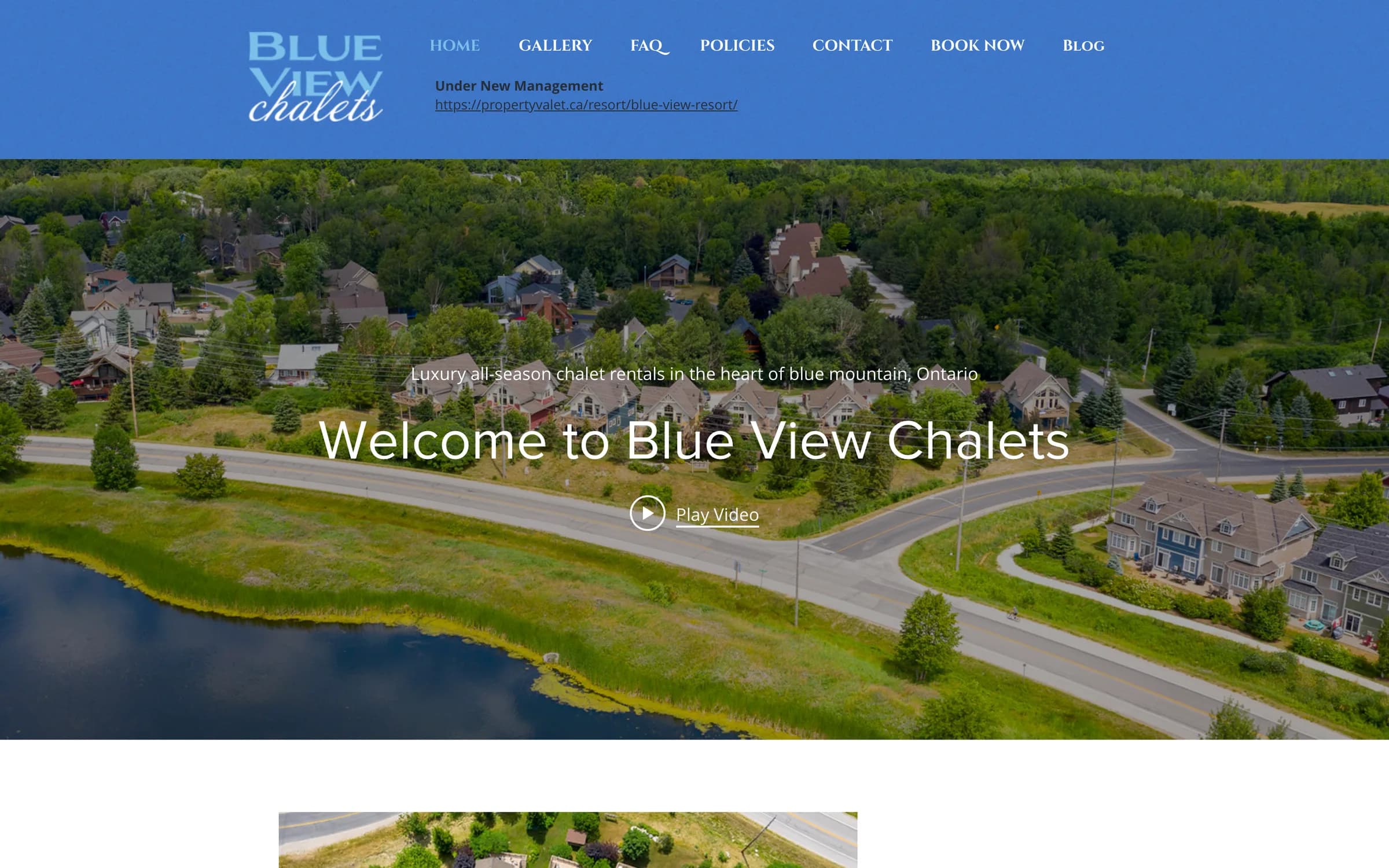 The previous Blue View Chalets website, with an aerial photograph of the chalets under the headline Welcome to Blue View Chalets and a notice reading Under New Management