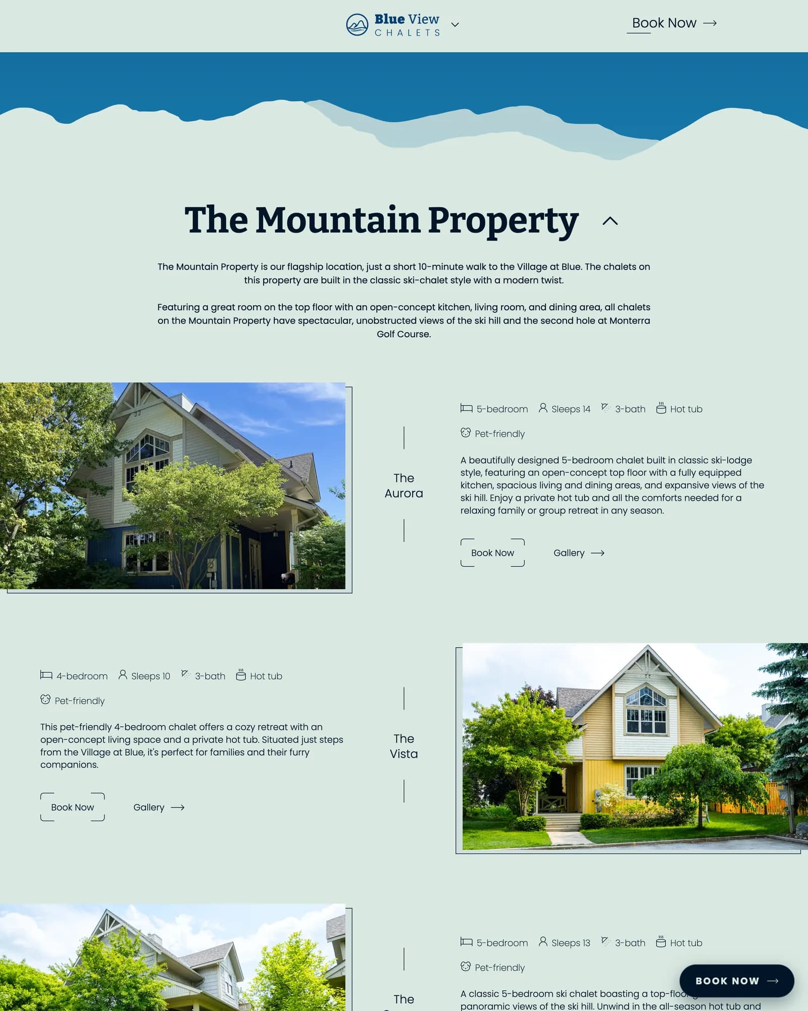 Blue View Chalets homepage with the Mountain Property section open below a layered mountain ridgeline, showing the Aurora, Vista and Omega chalets, each with a photograph, its bedrooms, capacity, bathrooms and hot tub in thin line icons, and a Book Now button