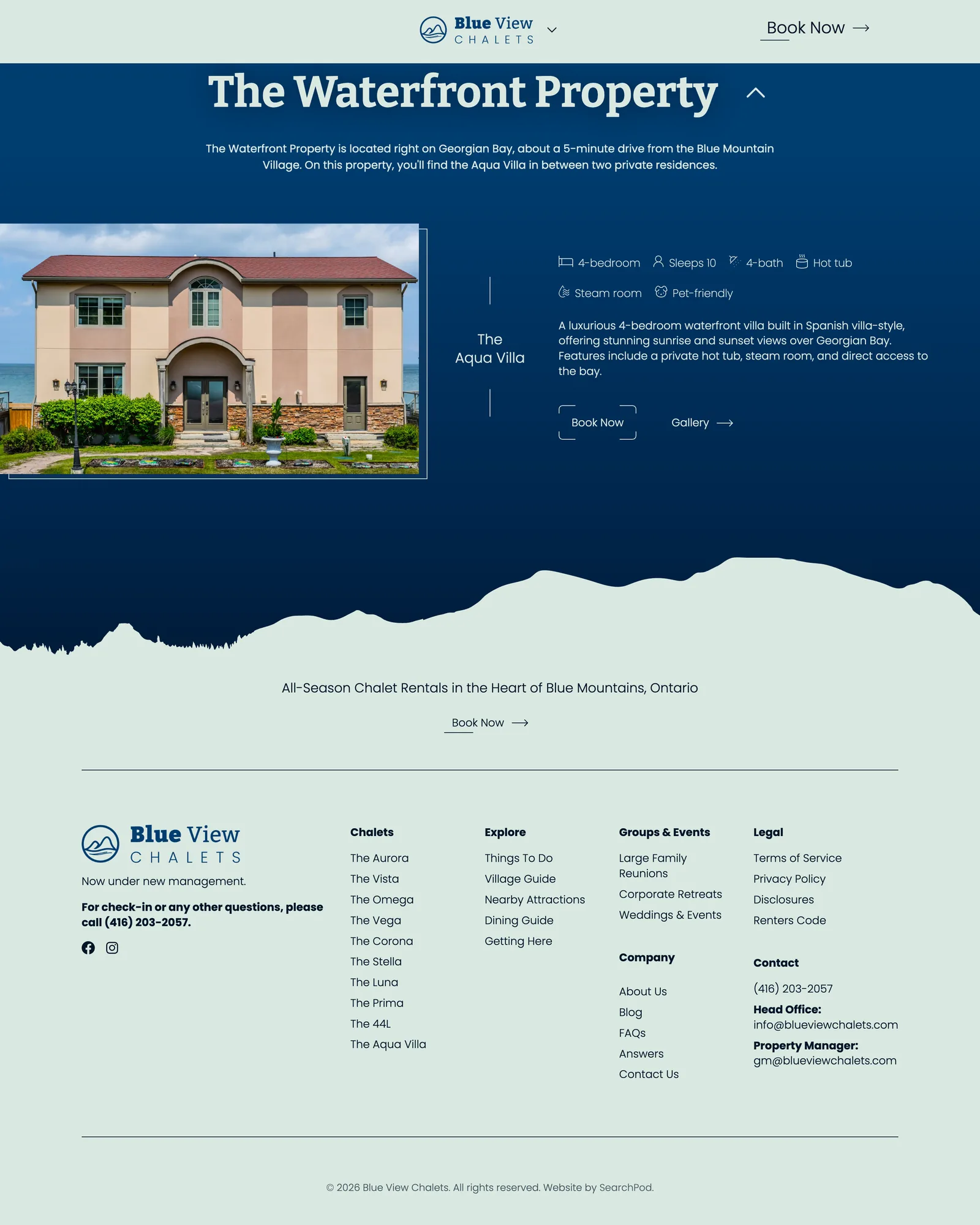 Blue View Chalets Waterfront section with the Aqua Villa card in hairline frames and line icons, then a dark mountain ridgeline into a pale closing band with a Book Now link, and the footer