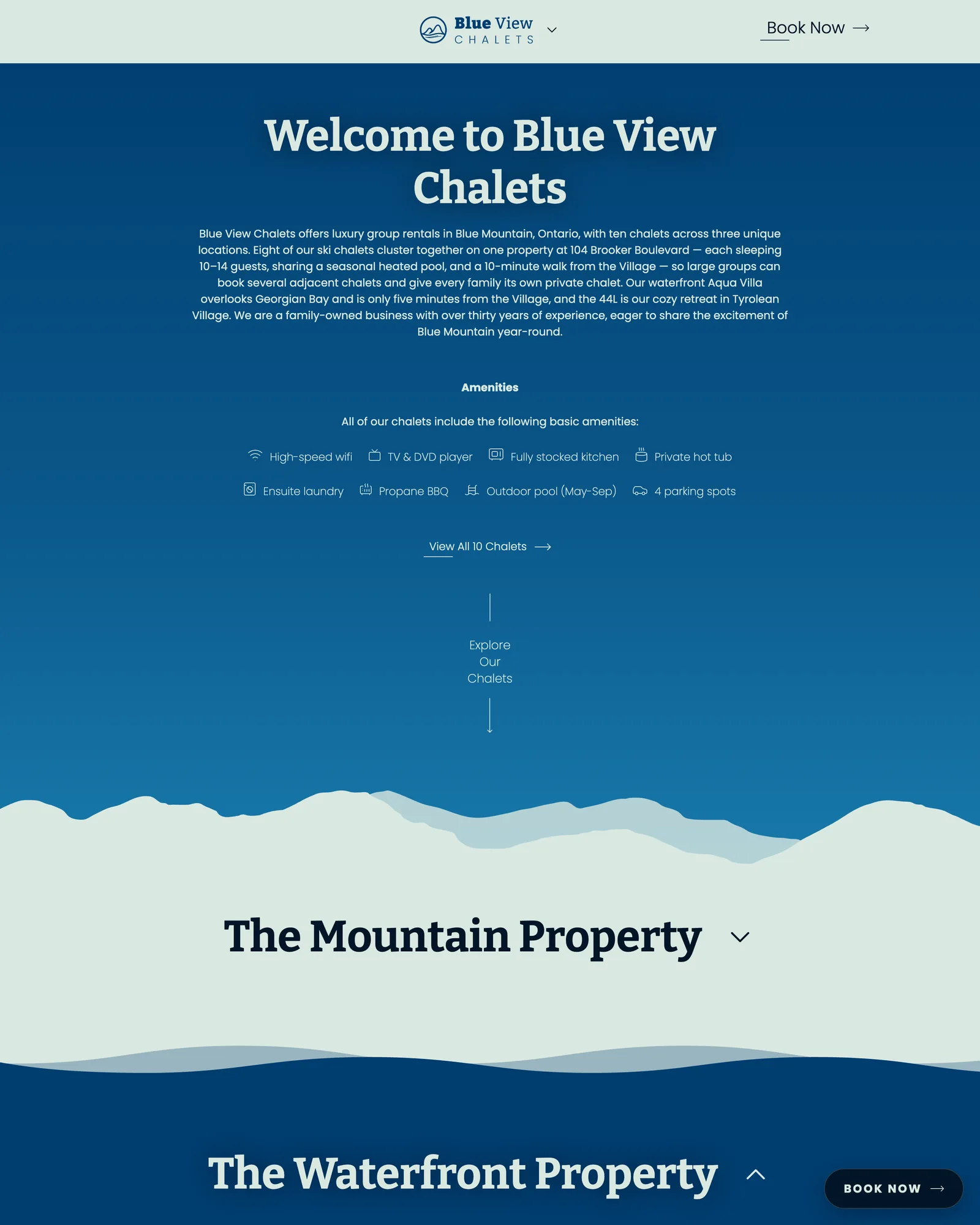 Blue View Chalets homepage with the Mountain Property section collapsed: the welcome section with its amenity list in thin line icons on blue, a layered mountain ridgeline into the pale Mountain Property band, and a wave into the navy Waterfront Property heading