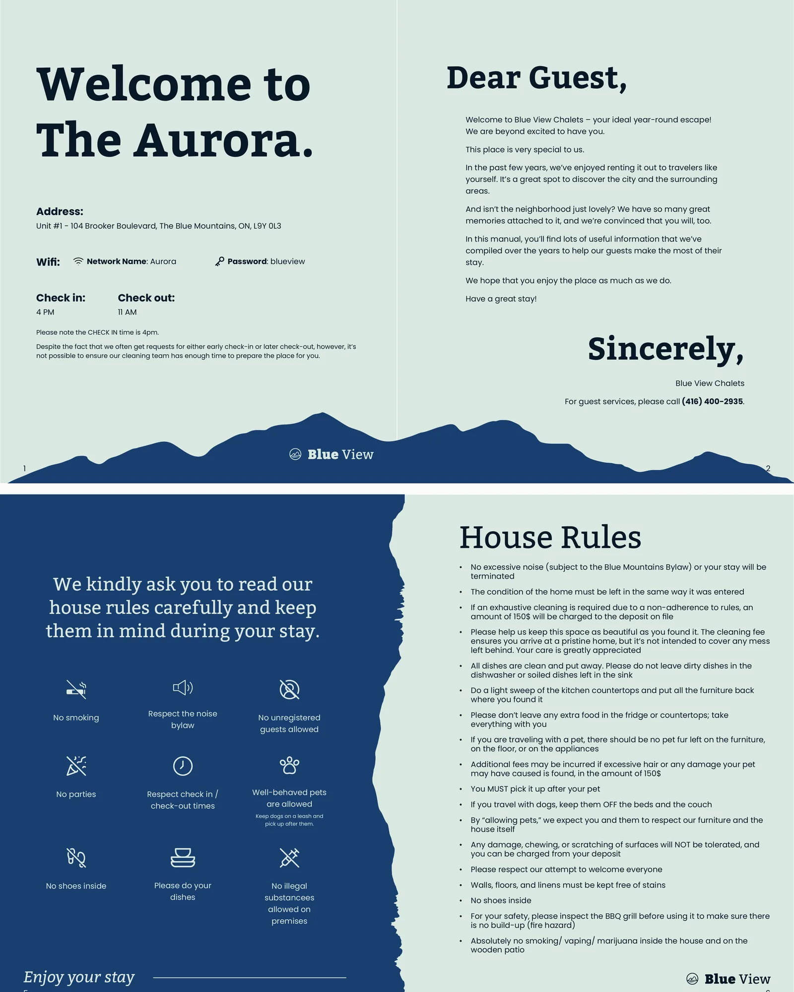 Two spreads from the Aurora chalet welcome book: a welcome page with the address, Wi-Fi and check-in times above a navy mountain ridgeline, and a house rules spread with line icons for the rules on smoking, noise, pets and parties