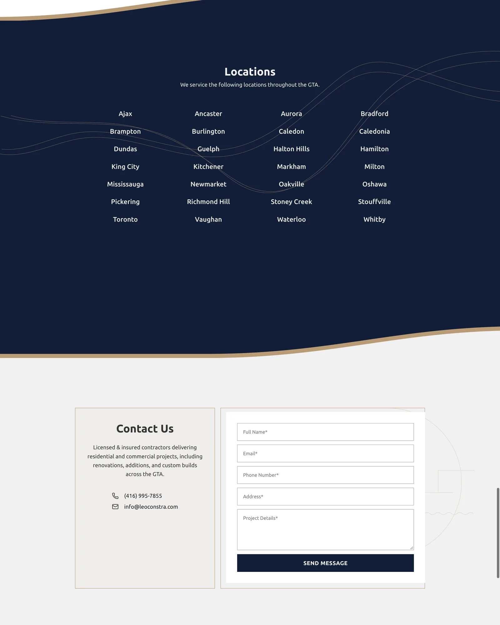 Leo Constra Locations section listing 28 towns and cities across the GTA on a navy band with curved gold edges, above the contact form