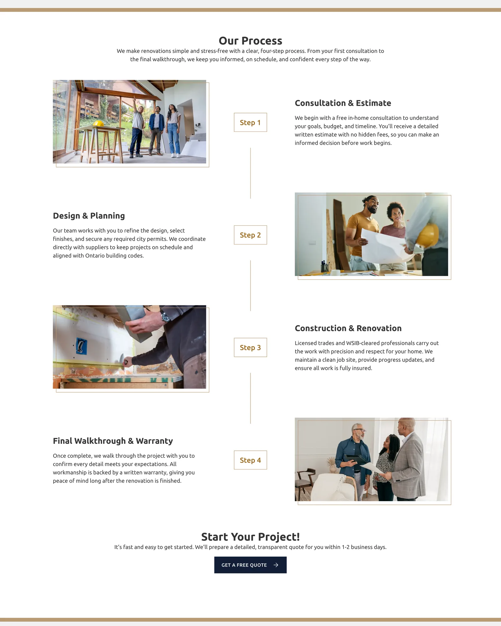 Leo Constra Our Process section with four numbered steps, from consultation and estimate to final walkthrough and warranty, each beside a photograph, ending in a Start Your Project call to action