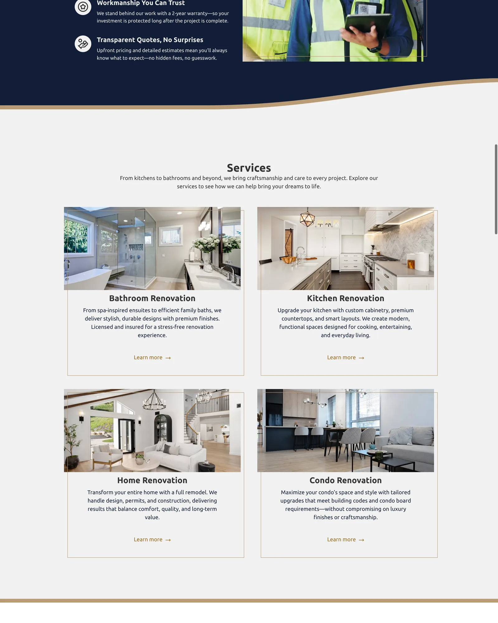 Leo Constra services section with cards for bathroom, kitchen, home and condo renovation, each led by a large photograph, below the curved navy and gold edge of the section above