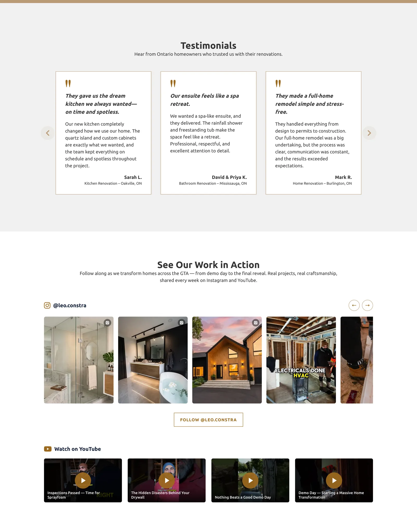 Leo Constra testimonials as three quote cards, each naming the homeowner, the job and the city, above an Instagram feed and YouTube videos of renovations in progress