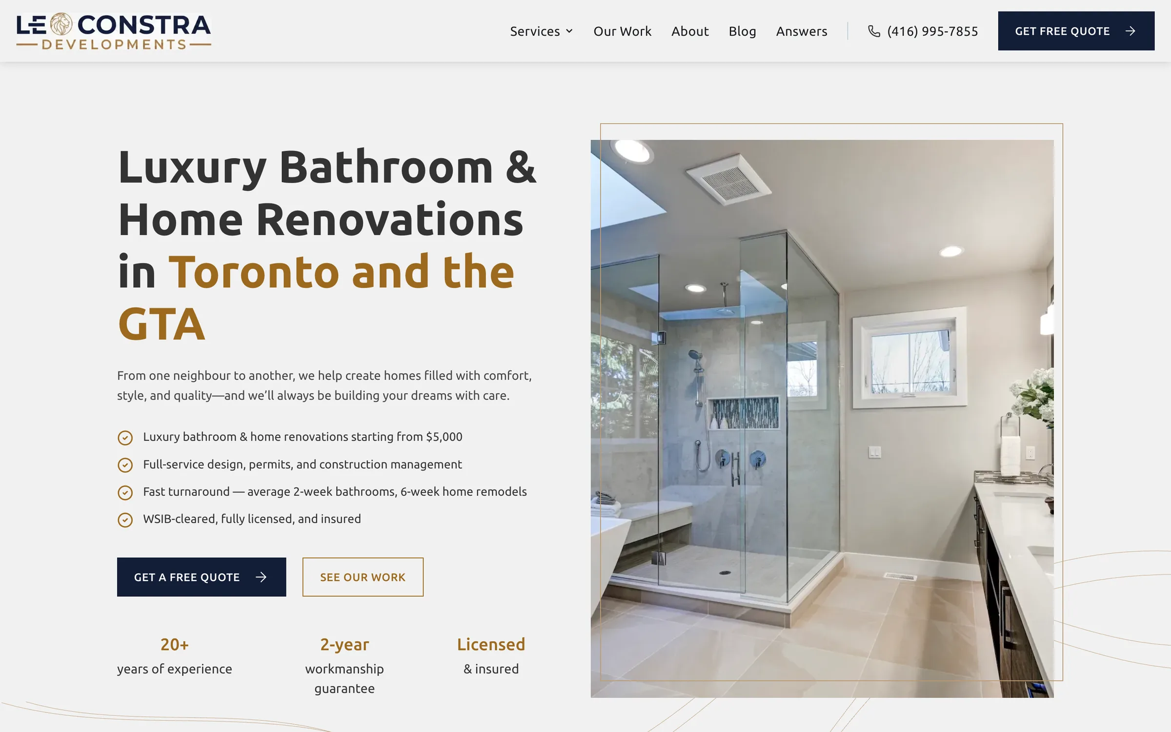 Leo Constra homepage with the headline Luxury Bathroom and Home Renovations in Toronto and the GTA above a checklist of starting price, turnaround times and licensing, beside a photograph of a renovated bathroom with a glass shower