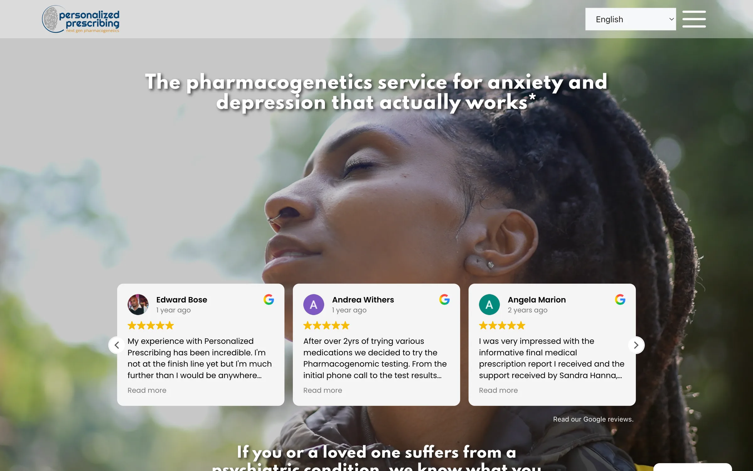 The previous Personalized Prescribing WordPress site, with centred text over a full-bleed photograph and a row of Google review cards