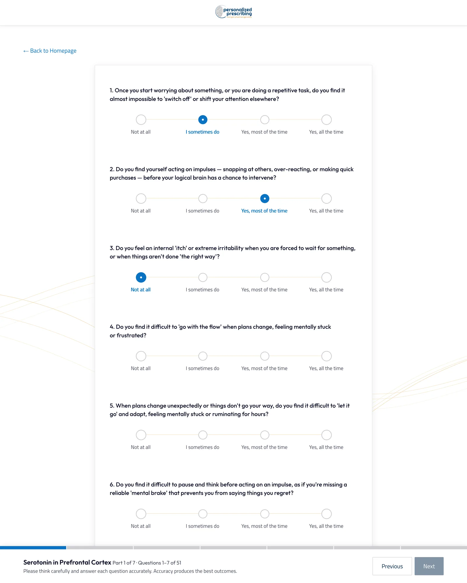 Personalized Prescribing NeuroMap assessment questions, each answered on a four-point scale from Not at all to Yes, all the time, above a fixed bar reading Serotonin in Prefrontal Cortex, Part 1 of 7, Questions 1 to 7 of 51, with Previous and Next buttons