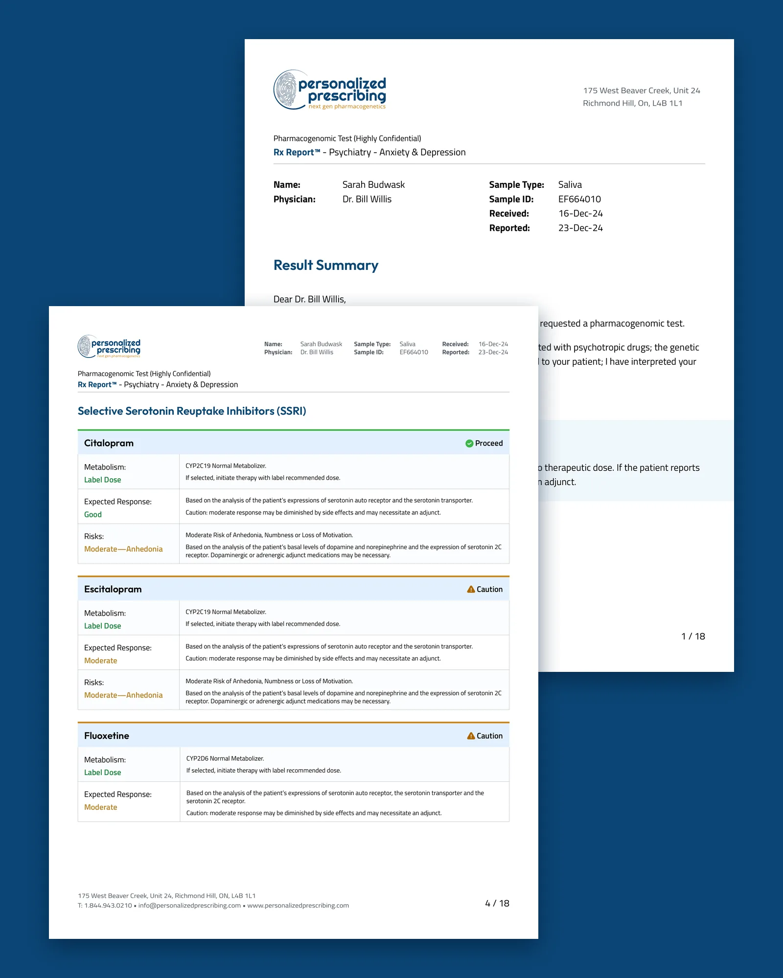 Two pages of a sample Personalized Prescribing Rx Report on a navy background. The first page shows the logo, the sample patient's details and the Result Summary heading. It is overlapped by a page on selective serotonin reuptake inhibitors, where citalopram is marked Proceed and escitalopram and fluoxetine are marked Caution