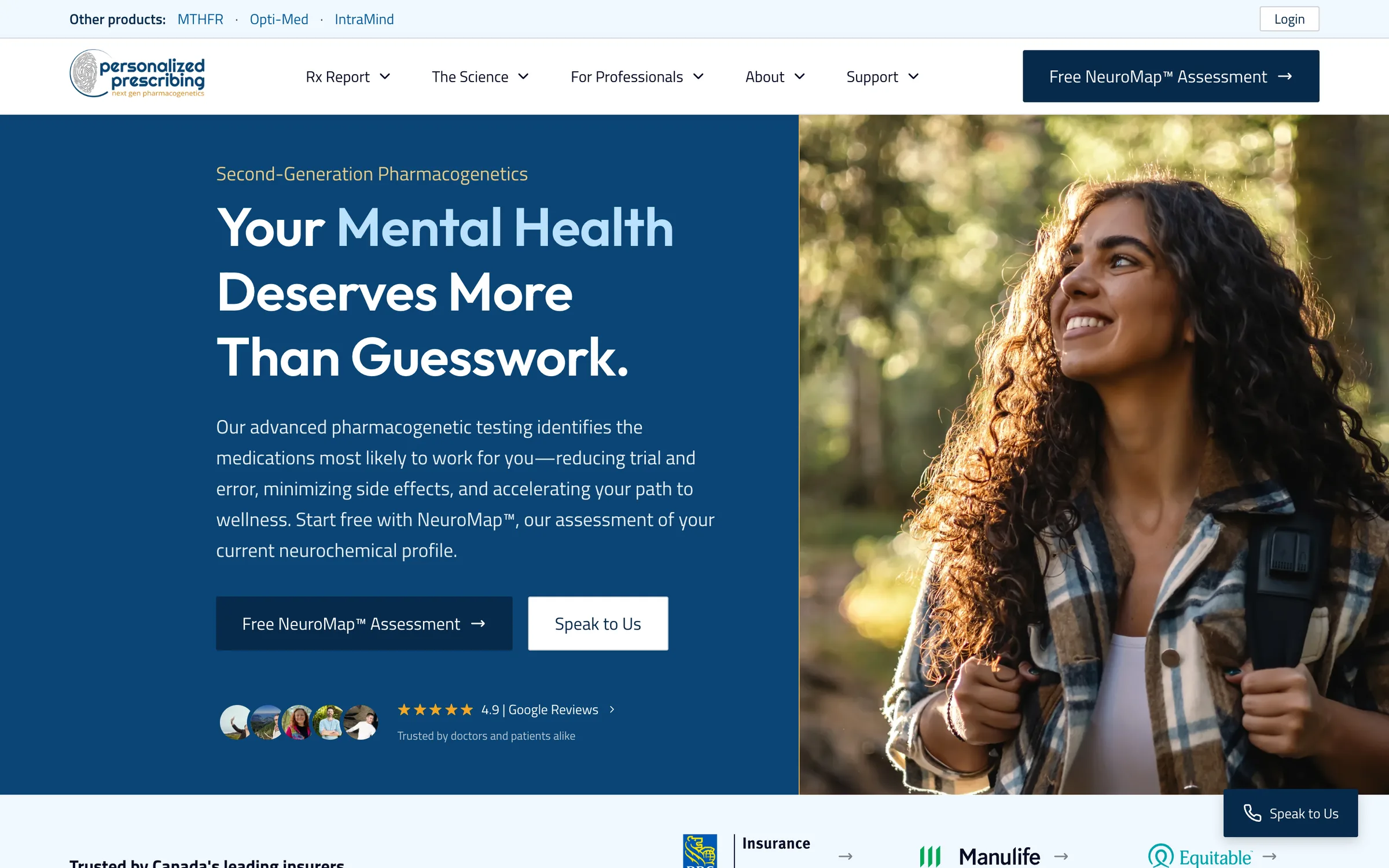 Personalized Prescribing homepage with the headline Your Mental Health Deserves More Than Guesswork beside a photograph of a woman hiking outdoors