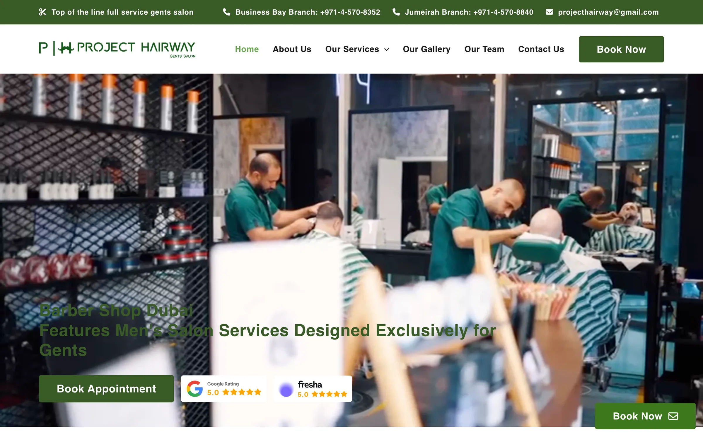 The previous Project Hairway website, with a photograph of barbers at work behind the headline Barber Shop Dubai Features Men's Salon Services Designed Exclusively for Gents