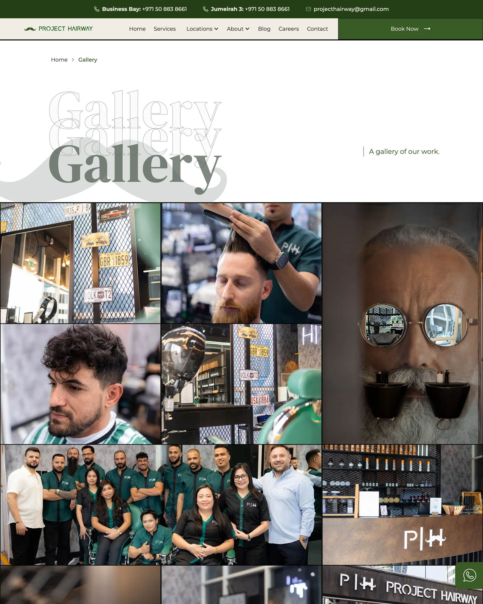 Project Hairway gallery page with the word Gallery set three times in outline and solid type above a dense grid of photographs of haircuts, barbers and the salon interior
