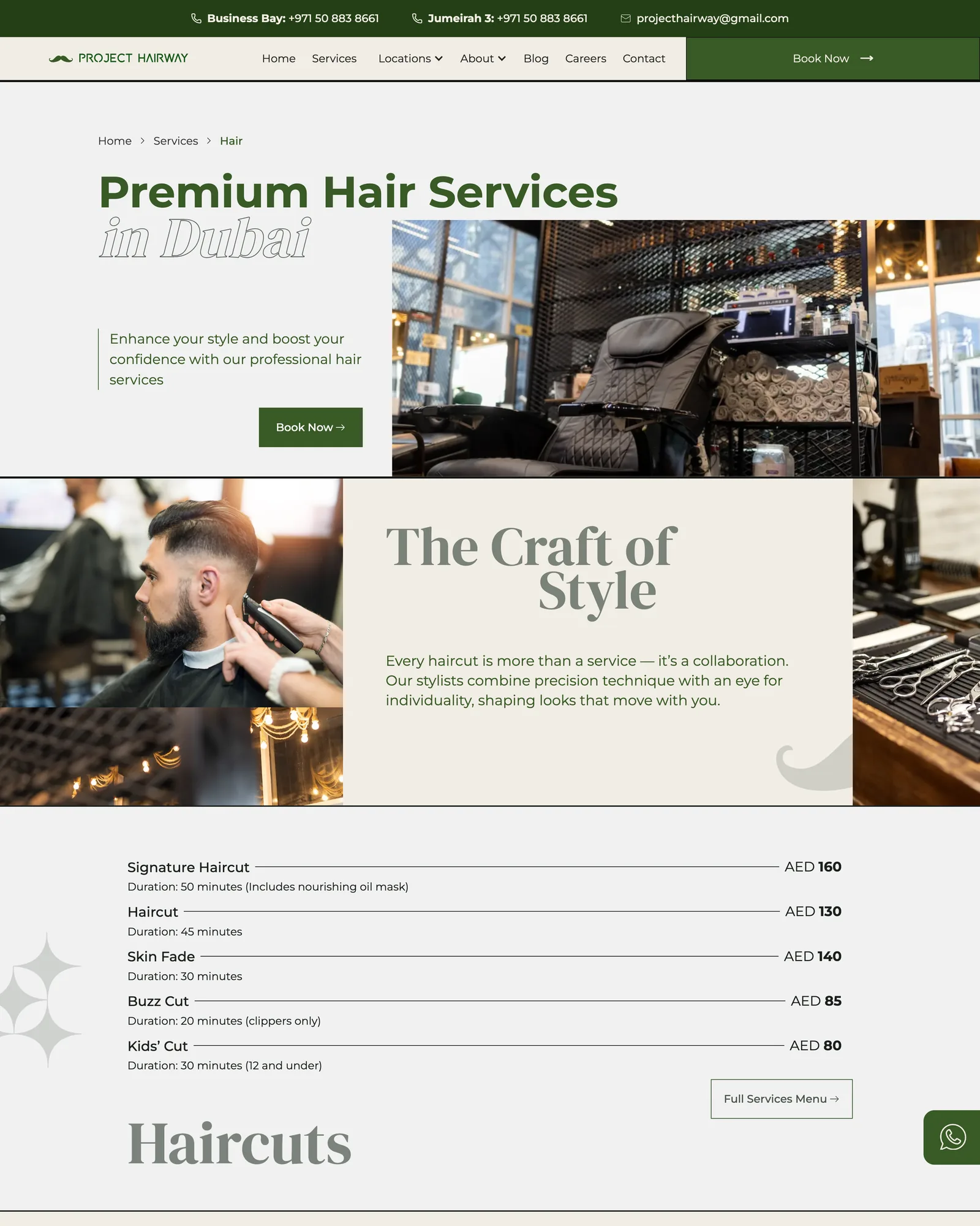 Project Hairway hair services page headed Premium Hair Services in Dubai, followed by The Craft of Style and a haircut price list with durations and prices in dirhams