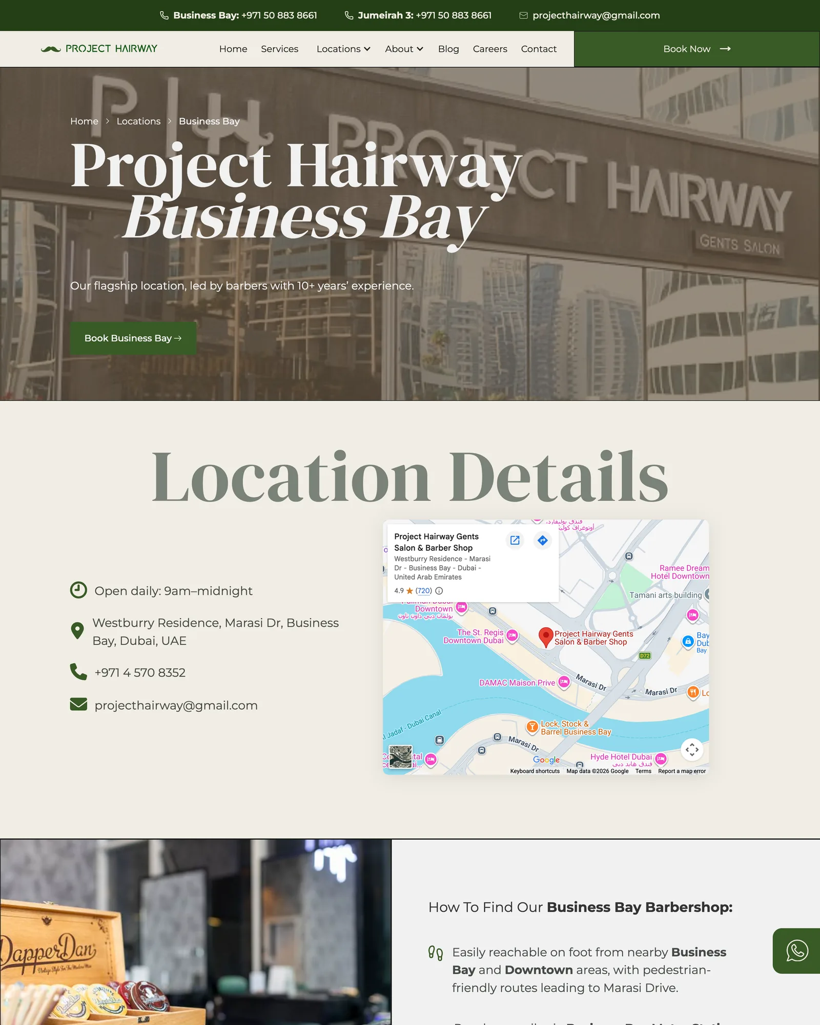 Project Hairway Business Bay location page with the branch name over a photograph of the storefront, then opening hours, address, phone and an embedded map