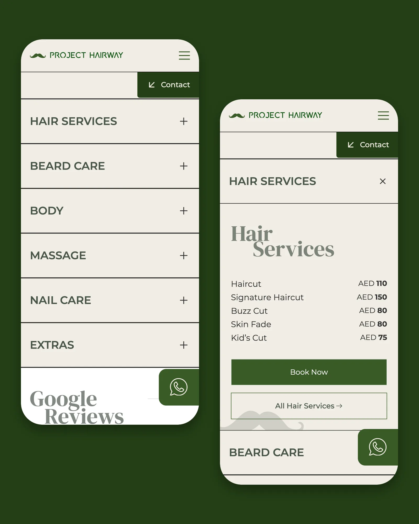 Two phone screens of the Project Hairway homepage on dark green. One shows the services menu with six closed categories from Hair Services to Extras. The other shows Hair Services open, with haircut prices in dirhams and a Book Now button. A WhatsApp button sits in the corner of both
