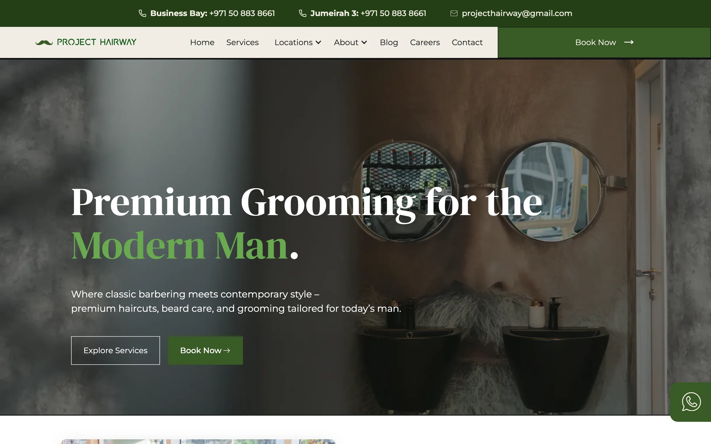 Project Hairway homepage with the headline Premium Grooming for the Modern Man over a close-up portrait of a bearded man in round glasses
