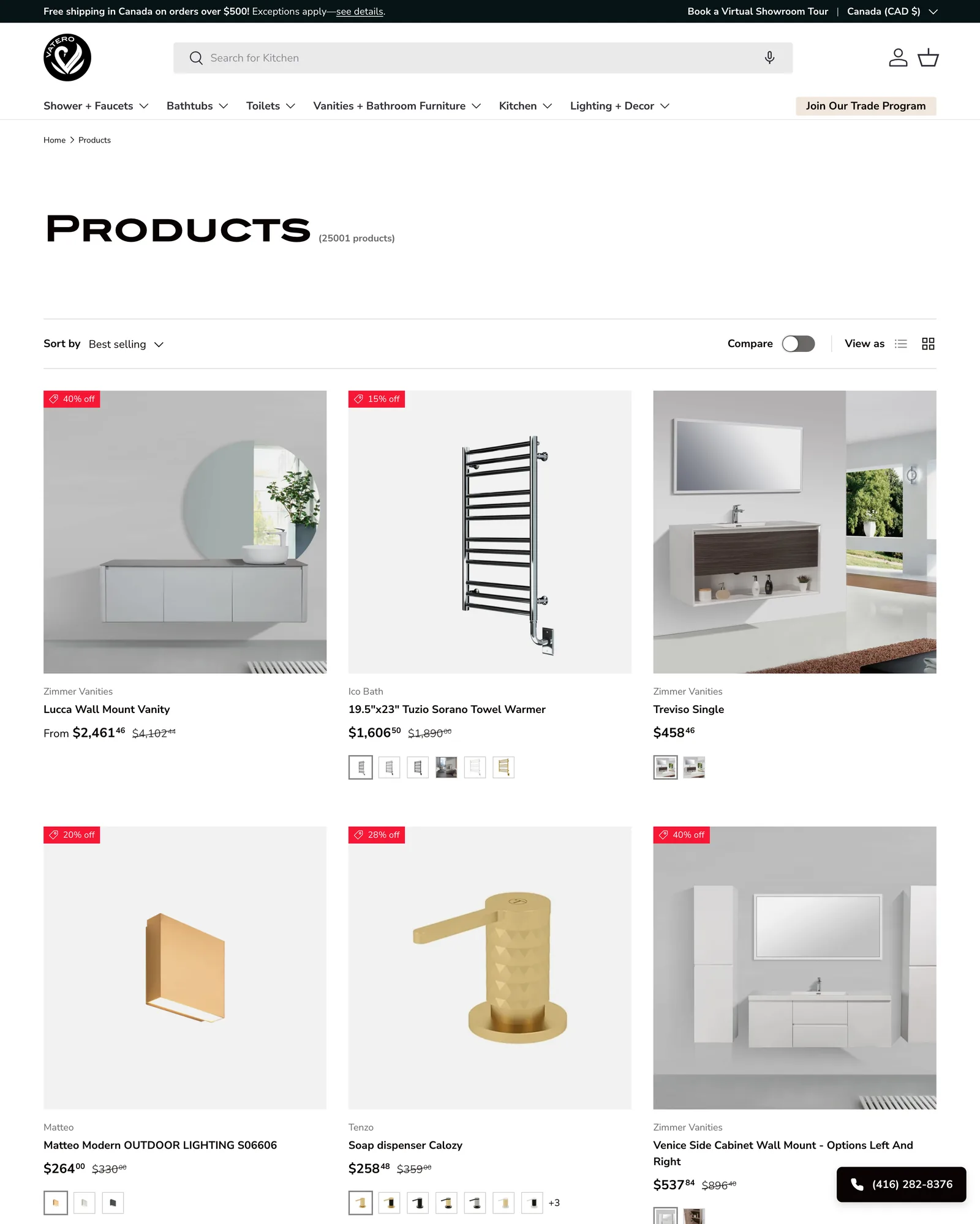 Vatero products listing showing 25,001 products sorted by best selling, with vanities, a towel warmer and a gold soap dispenser, each with finish swatches