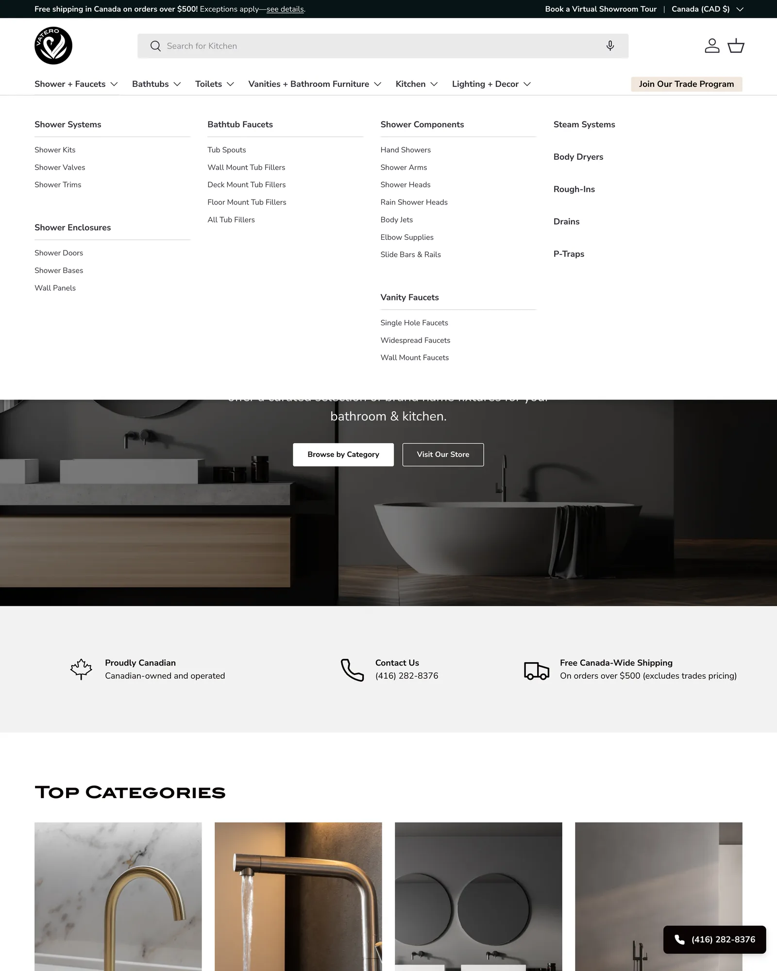 Vatero navigation open under Shower + Faucets, grouping shower kits, valves and trims under Shower Systems, beside bathtub faucets, shower components and vanity faucets