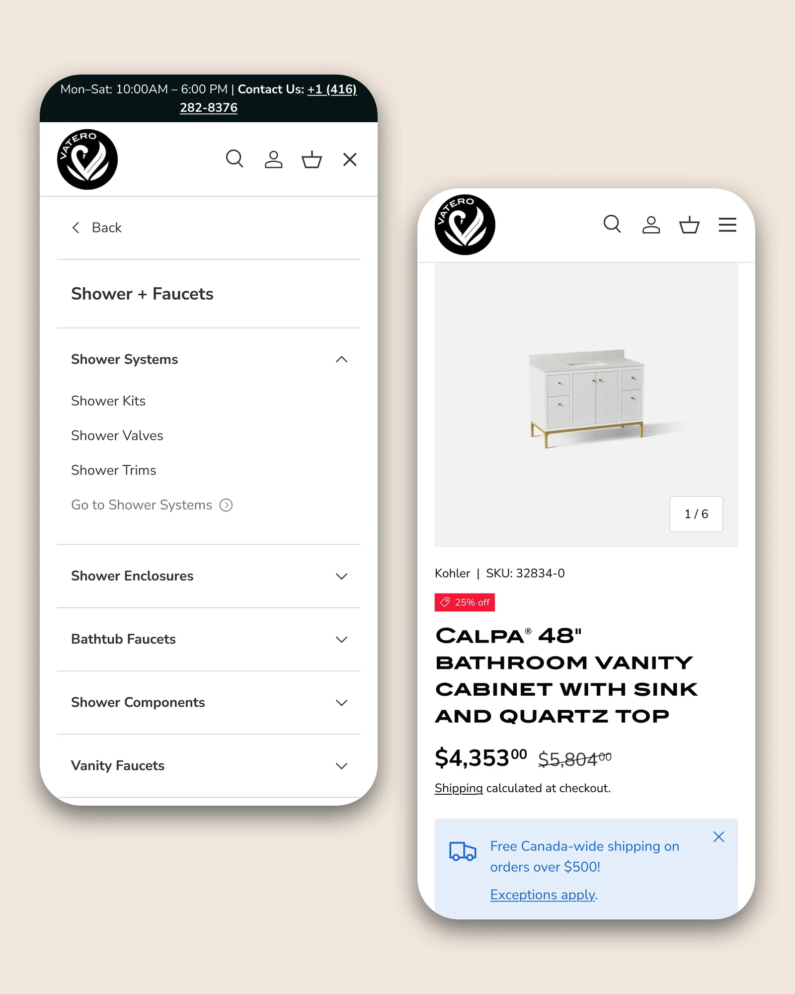 Two phone screens of the Vatero store on beige. One shows the menu opened to Shower + Faucets, with Shower Systems expanded to Shower Kits, Shower Valves and Shower Trims above Shower Enclosures, Bathtub Faucets, Shower Components and Vanity Faucets. The other shows the product page for the Kohler Calpa 48-inch vanity, with its photograph, title and a sale price of $4,353