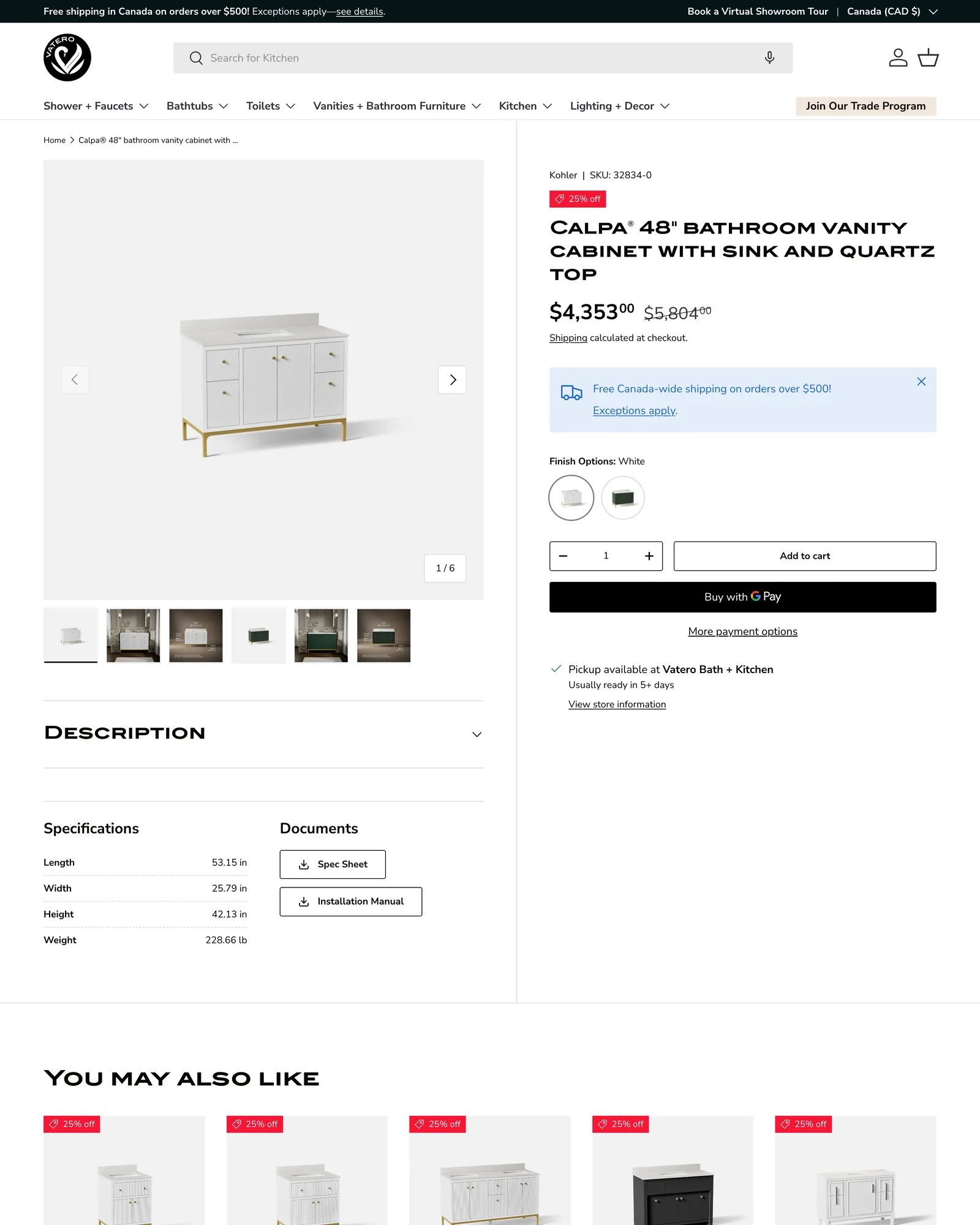 Vatero product page for the Kohler Calpa 48-inch vanity with finish options and price, and a specifications panel listing length, width, height and weight beside spec sheet and installation manual downloads