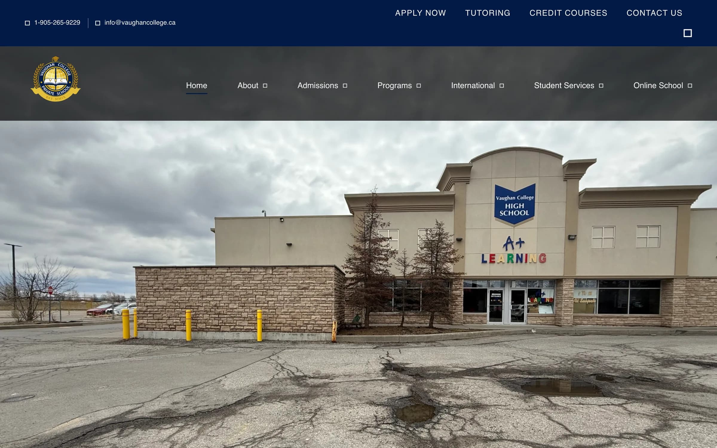 The previous Vaughan College website, showing a photograph of the school building above a navigation bar reading Home, About, Admissions, Programs and International