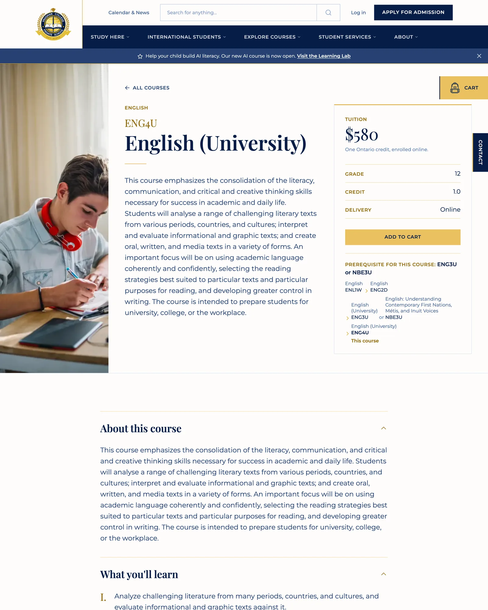 Vaughan College course page for ENG4U, English (University), with a tuition card showing $580, Grade 12, one credit and online delivery, above a prerequisite chain back to Grade 9 English
