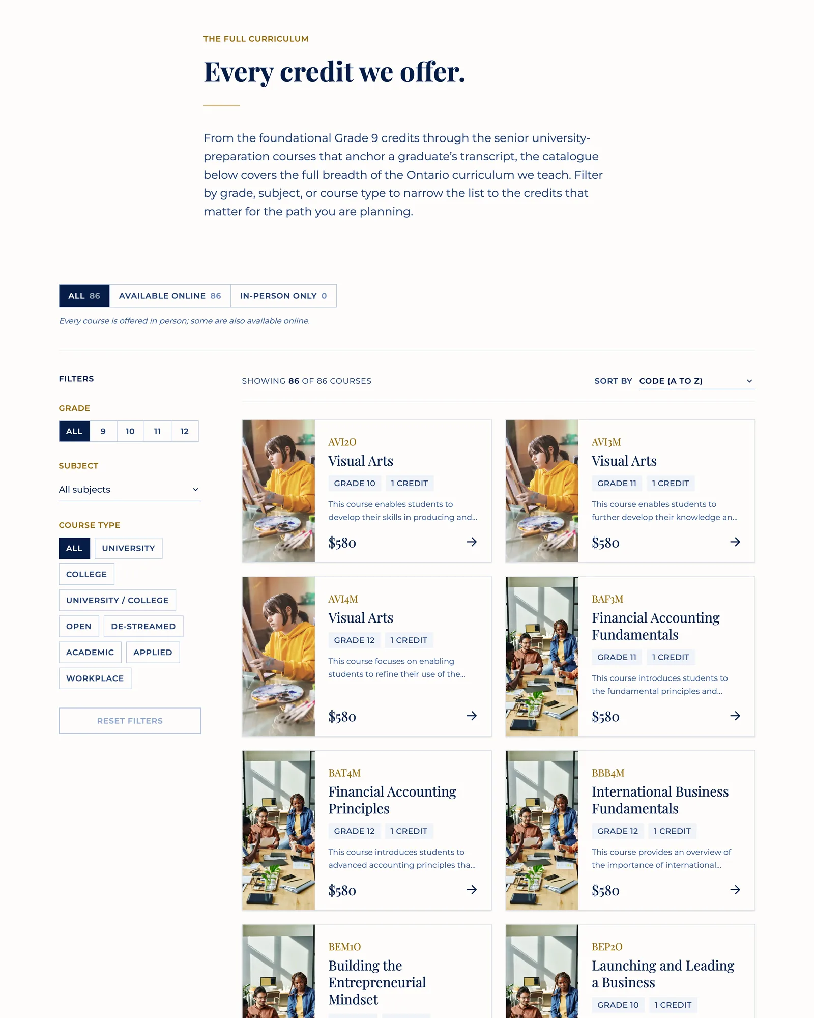 Vaughan College course catalogue headed Every credit we offer, with filters for grade, subject and course type beside a grid of course cards showing course code, grade, credit and price