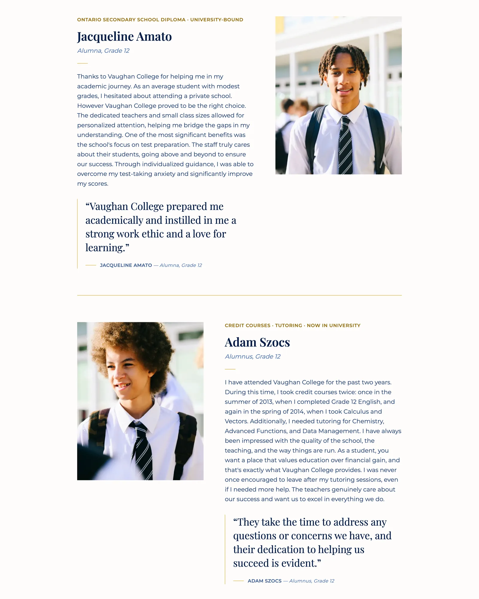 Vaughan College student stories page with two alumni accounts in alternating layout, each with a portrait, a first-person story and a pull quote