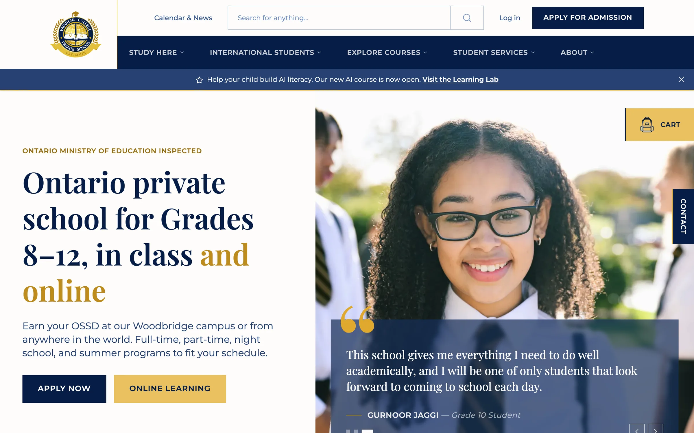 Vaughan College homepage showing a student in uniform beside the headline about Ontario private school Grades 8 to 12, in class and online